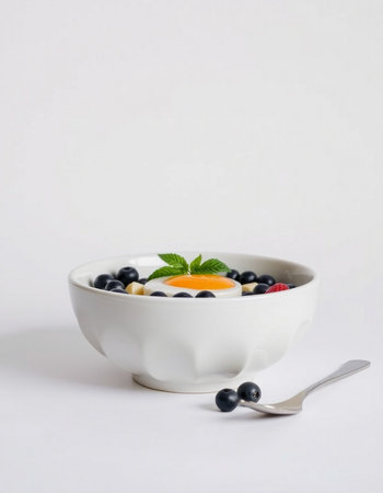 Healthy breakfast with fresh berries in a bowl on a white backgroundの写真素材