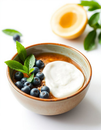 Healthy breakfast bowl with yogurt and blueberries on a white backgroundの写真素材