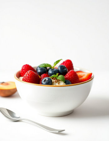 bowl of fresh fruit salad with strawberries and blueberries on white background