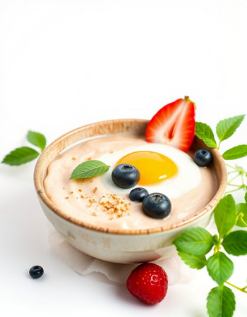 Healthy breakfast - yogurt with strawberries and blueberries on white background