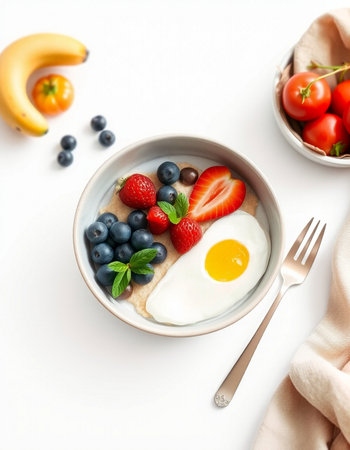 Healthy breakfast with oatmeal, berries and fried egg on white background