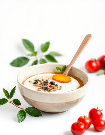 Healthy breakfast with yogurt, granola and cherry tomatoes on white backgroundの写真素材