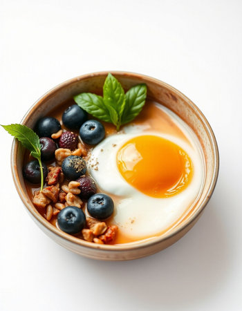 Yogurt with granola, blueberries in bowlの写真素材