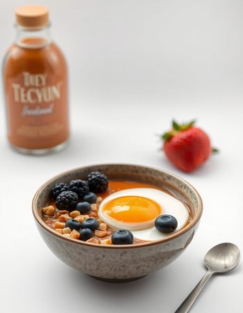 Breakfast bowl with omelet, berries and yogurt on white backgroundの写真素材