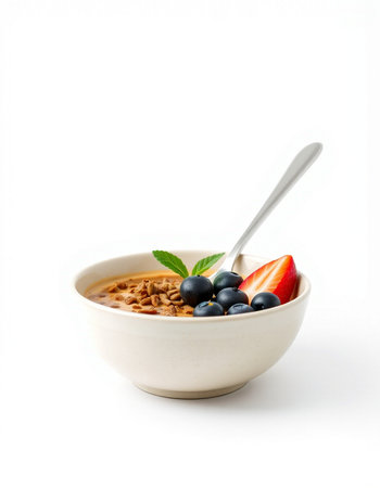 bowl of muesli with strawberries and blueberries on white backgroundの写真素材