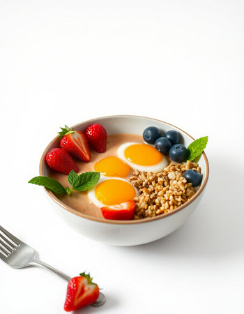 Healthy breakfast with oatmeal, berries and eggs on a white backgroundの写真素材