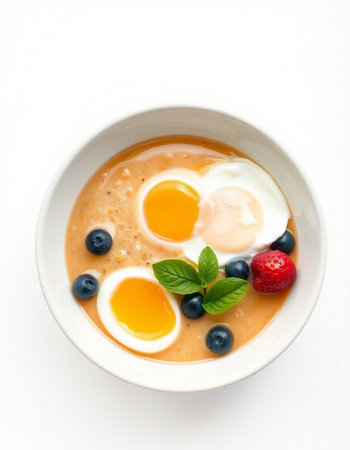 Bowl of oatmeal porridge with fresh berries and egg yolkの写真素材