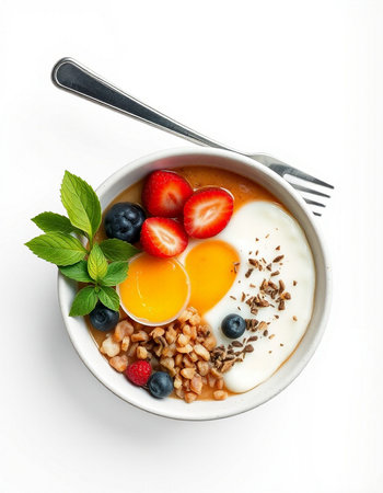 Breakfast bowl with yogurt, berries and granola isolated on white background