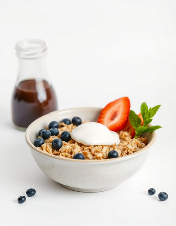 Bowl of oatmeal with yogurt and berries on a white background