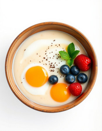 Greek yogurt with fresh berries in a wooden bowl