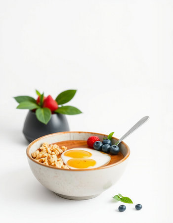 Breakfast with oatmeal, berries and egg in bowl on white backgroundの写真素材