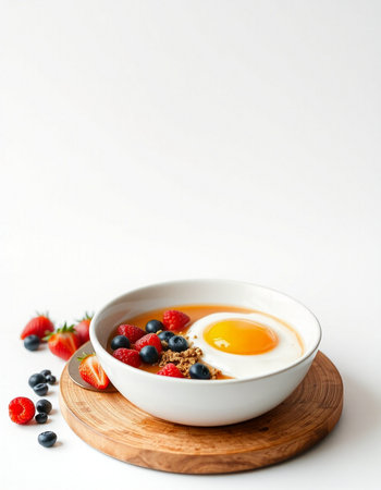 Breakfast with berries and muesli on white backgroundの写真素材