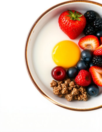 Breakfast with oatmeal, berries and egg yolk on white background