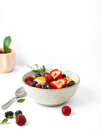 Healthy breakfast. Oatmeal with fresh berries in a bowl on a white background.の写真素材