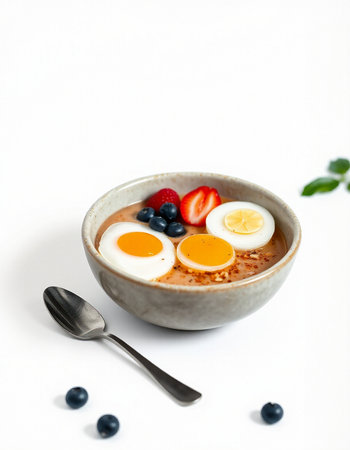 Healthy breakfast - oat porridge with soft-boiled eggs and fresh berries