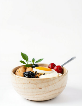 Healthy breakfast with oatmeals and berries in wooden bowl