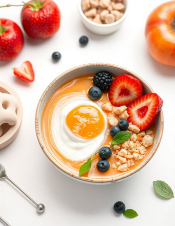 Healthy breakfast bowl with yogurt and berries on white background