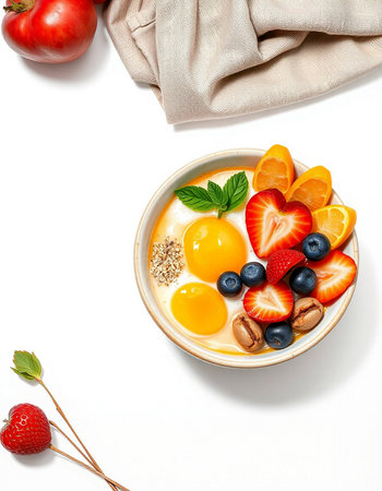 Healthy breakfast with fruits and berries on white backgroundの写真素材