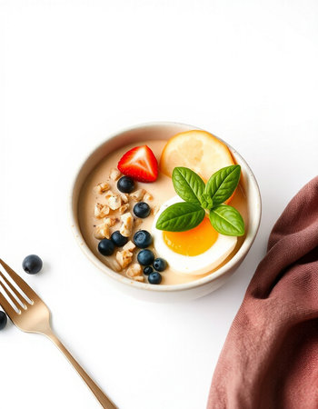 Healthy breakfast with oatmeal, berries and egg on white backgroundの写真素材