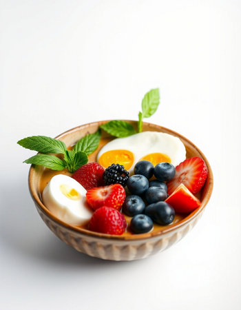 Healthy breakfast bowl with fresh berries, yoghurt and egg