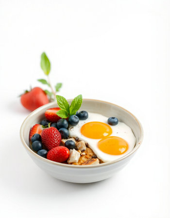 Healthy breakfast with muesli, fresh berries and eggs on white background