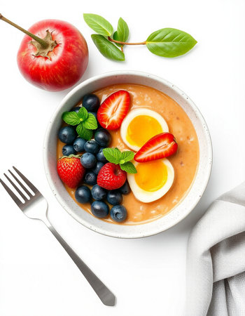 Oatmeal porridge with strawberries, blueberries and egg on white background
