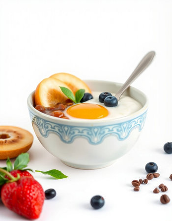 Healthy breakfast with yogurt, berries and egg on a white backgroundの写真素材