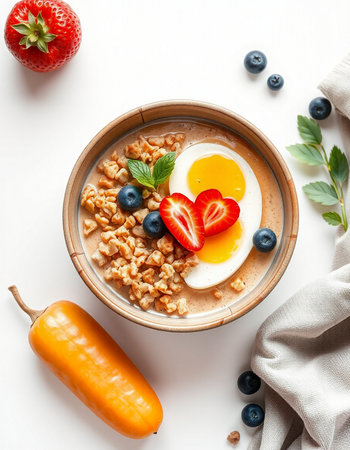 Healthy breakfast with oatmeal, berries and egg on white background, top viewの写真素材