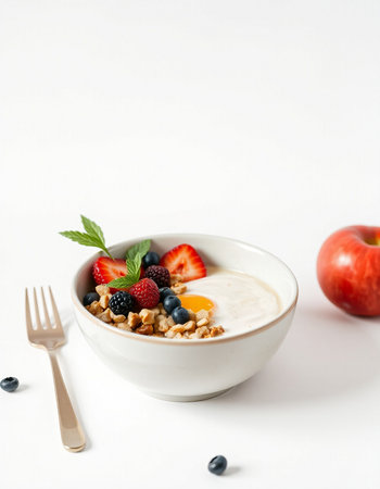 Healthy breakfast with oatmeal, berries and yogurt on white backgroundの写真素材
