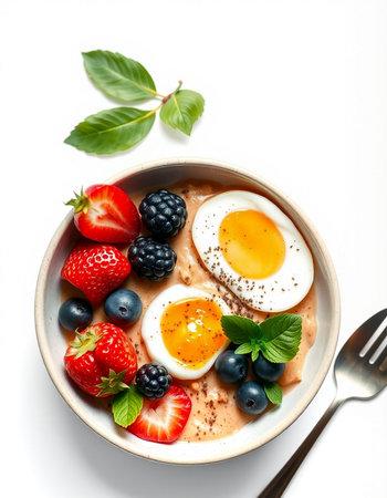 Healthy breakfast bowl with omelet and fresh berries on white background