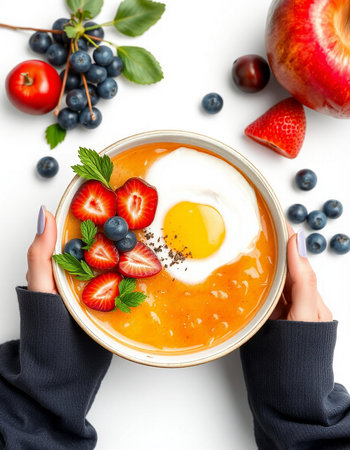Woman hands holding a bowl of soup with strawberries, blueberries and chia seeds, top view