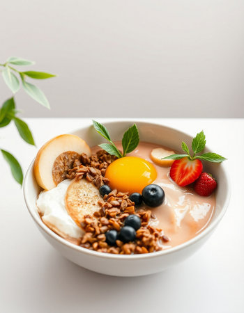 Healthy breakfast bowl with granola, yogurt and berries on white background