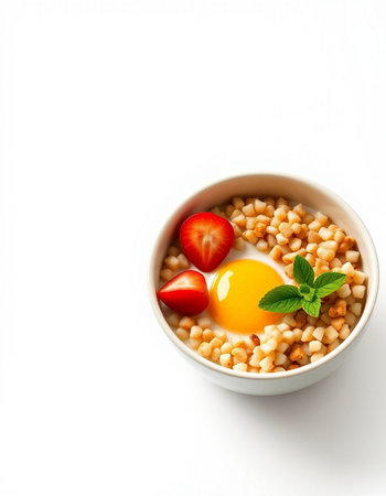 Bowl of breakfast cereal with egg and strawberries on white backgroundの写真素材