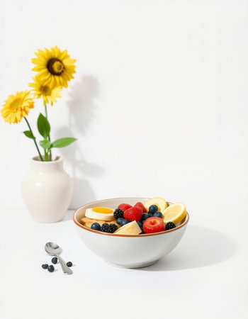 Healthy breakfast. Fruit salad in a bowl on a white backgroundの写真素材