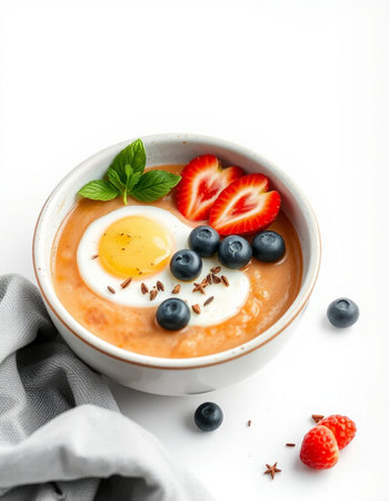 Oatmeal porridge with strawberries, blueberries and egg in a bowl