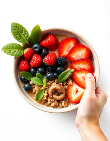 Healthy breakfast bowl with oatmeal, berries, nuts and honeyの写真素材