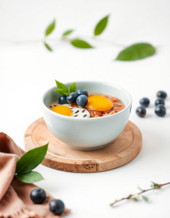 Chia seed pudding with fresh blueberries and quail eggs in a bowl on a white background