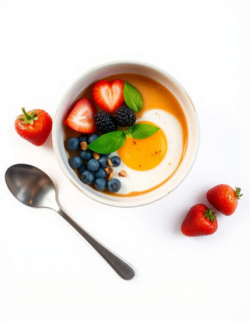 Healthy breakfast bowl with omelet, yogurt, berries and mint on white background