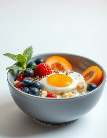 Healthy breakfast with oatmeal, fresh berries and fried egg on white background