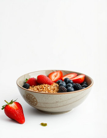 bowl of muesli with strawberries and blueberries on white background