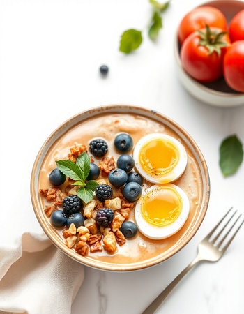 Healthy breakfast bowl with oatmeal, fresh berries, eggs and yogurt.