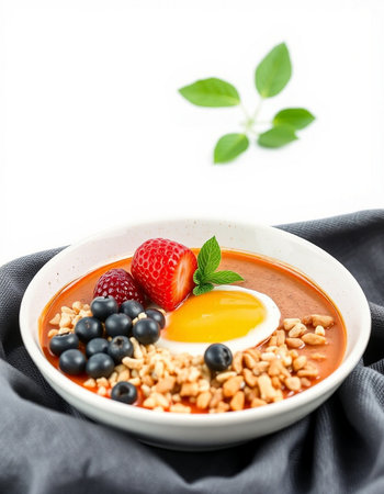 Bowl with berries and cream on a white backgroundの写真素材