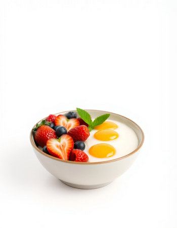 Bowl of yogurt with fresh berries on white backgroundの写真素材
