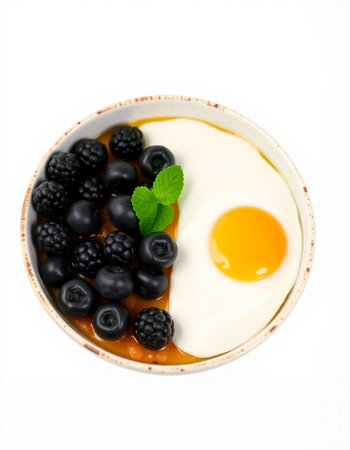 Fried eggs with fresh berries in a bowl on a white background