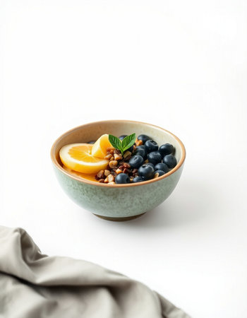 Bowl of oatmeal with blueberries and lemon on white backgroundの写真素材