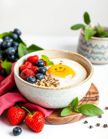 Healthy breakfast with oatmeal, berries and egg in a bowl