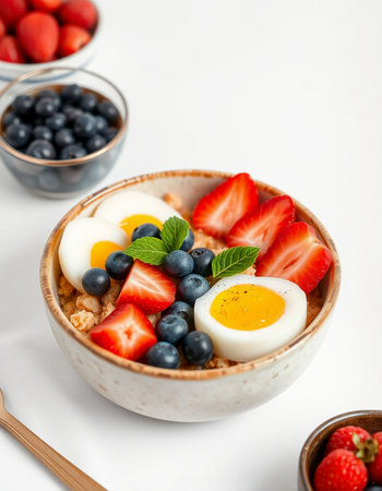 Healthy breakfast bowl with oatmeal, berries and eggs on white background