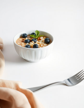 Muesli with blueberries in a bowl on a white background