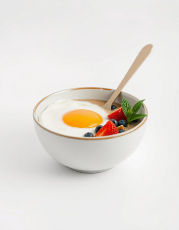 Yogurt with egg and berries on a white background