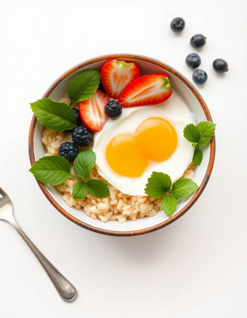 Healthy breakfast with oatmeal porridge, fresh berries and heart shaped fried egg